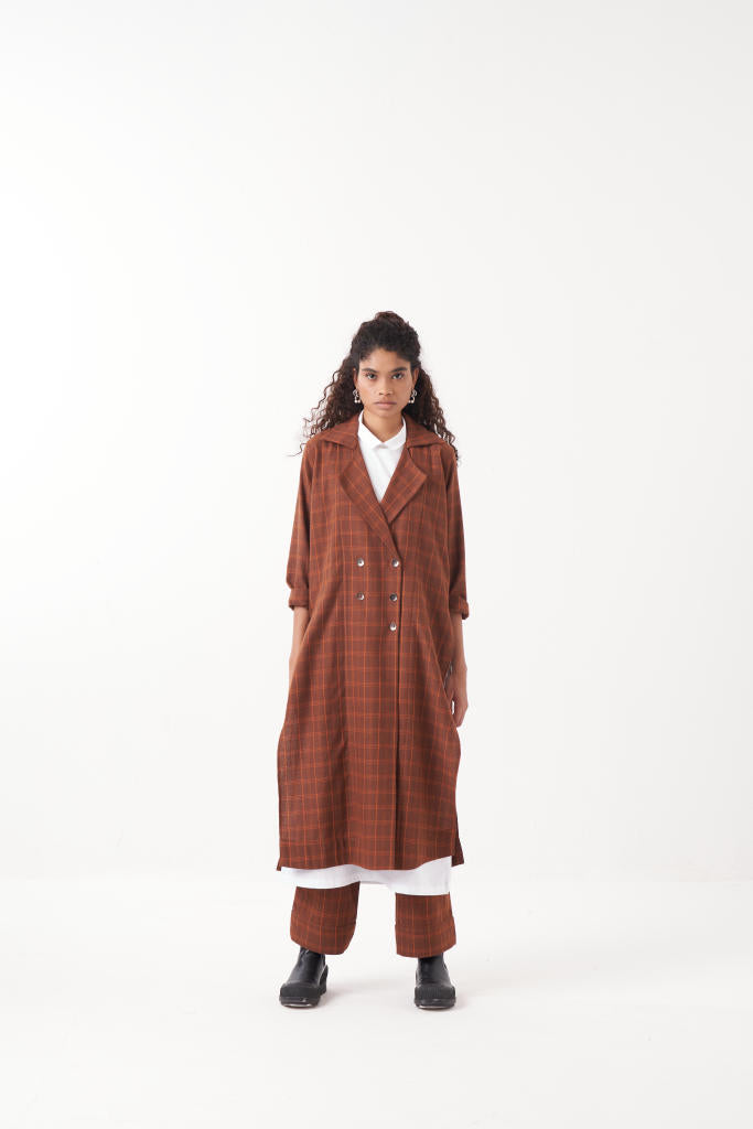 OVERLAP KAFTAN CO-ORD (SET OF 3)-CHOCOLATE RUST CHECK & BROWN by THREE in rust color for women in Singapore