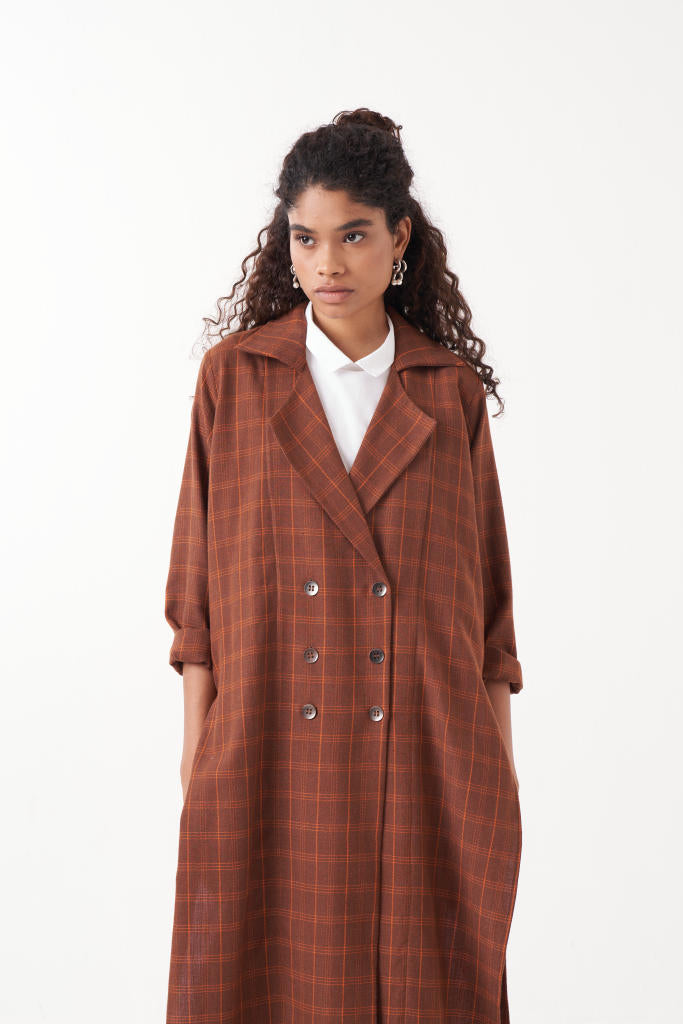 OVERLAP KAFTAN CO-ORD (SET OF 3)-CHOCOLATE RUST CHECK & BROWN by THREE in rust color for women in Singapore