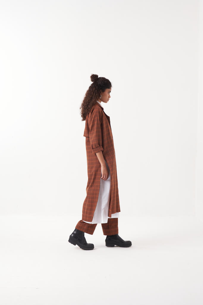 OVERLAP KAFTAN CO-ORD (SET OF 3)-CHOCOLATE RUST CHECK & BROWN by THREE in rust color for women in Singapore