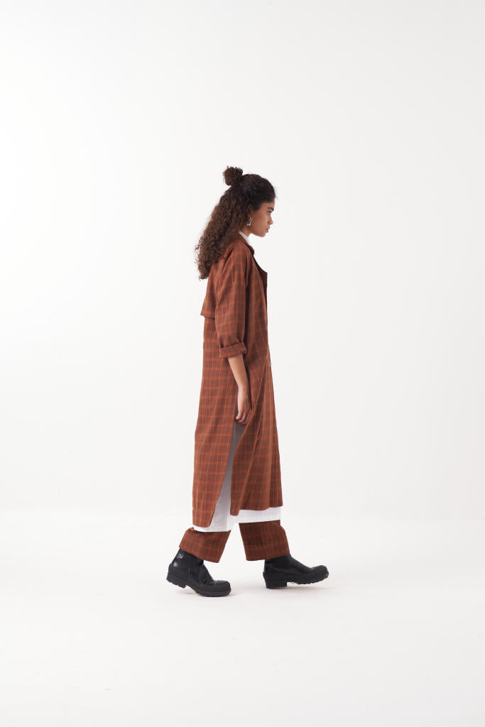 OVERLAP KAFTAN CO-ORD (SET OF 3)-CHOCOLATE RUST CHECK & BROWN by THREE in rust color for women in Singapore