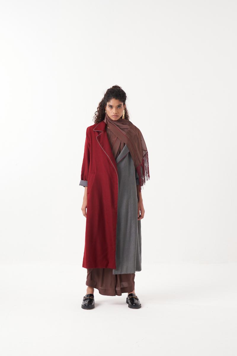 TWO TONE LONG JACKET CO-ORD (SET OF 2)-MADDER & GREY/BROWN mul by THREE in multi color for women in Singapore