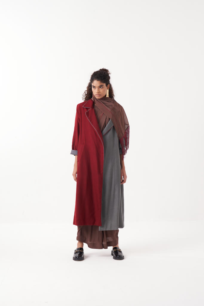 TWO TONE LONG JACKET-MADDER & GREY by THREE in grey color for women in Singapore