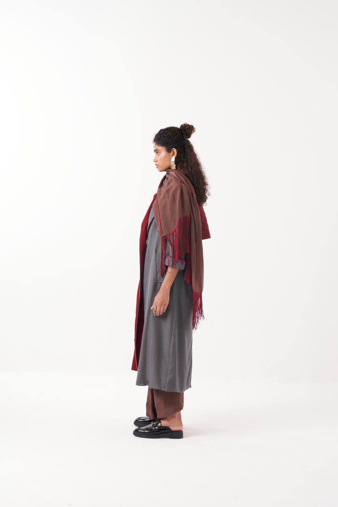 TWO TONE LONG JACKET CO-ORD (SET OF 2)-MADDER & GREY/BROWN mul by THREE in multi color for women in Singapore