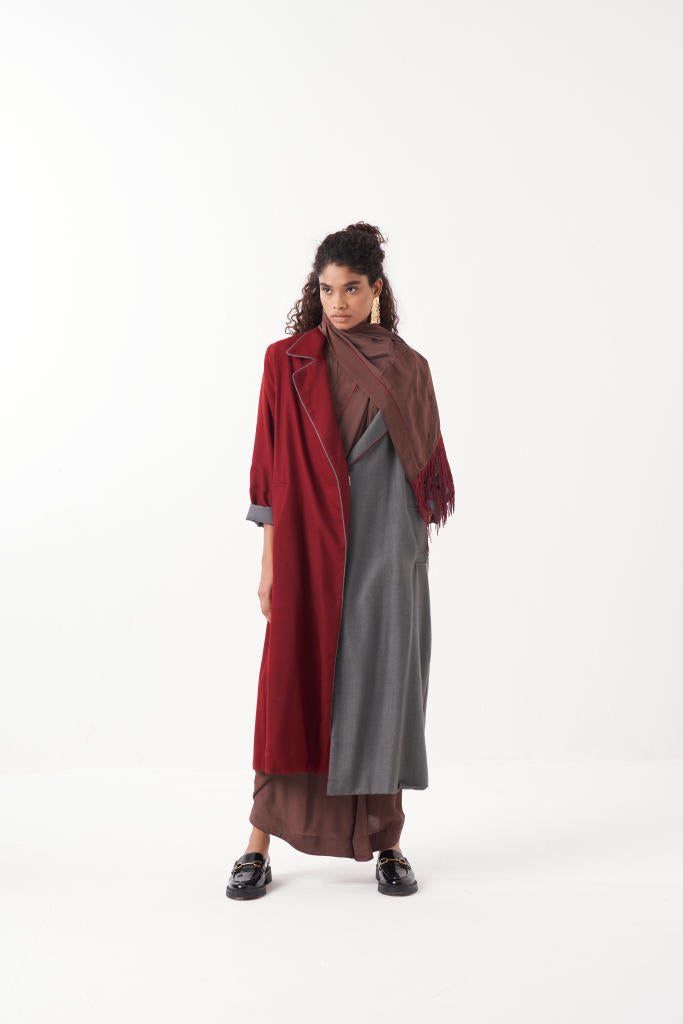 TWO TONE LONG JACKET CO-ORD (SET OF 2)-MADDER & GREY/BROWN mul by THREE in multi color for women in Singapore
