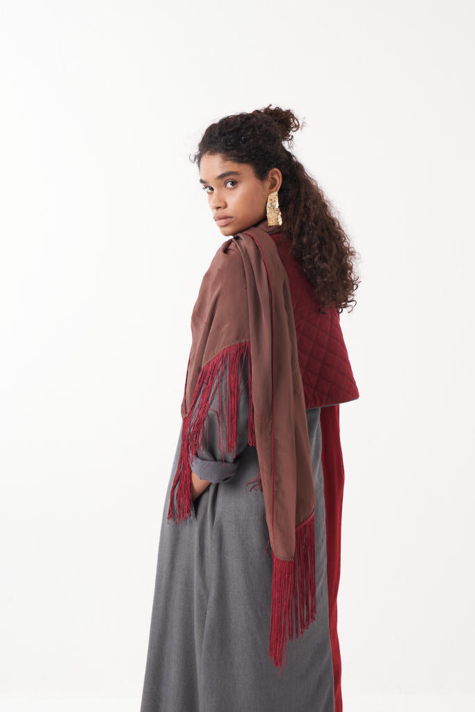TWO TONE LONG JACKET CO-ORD (SET OF 2)-MADDER & GREY/BROWN mul by THREE in multi color for women in Singapore