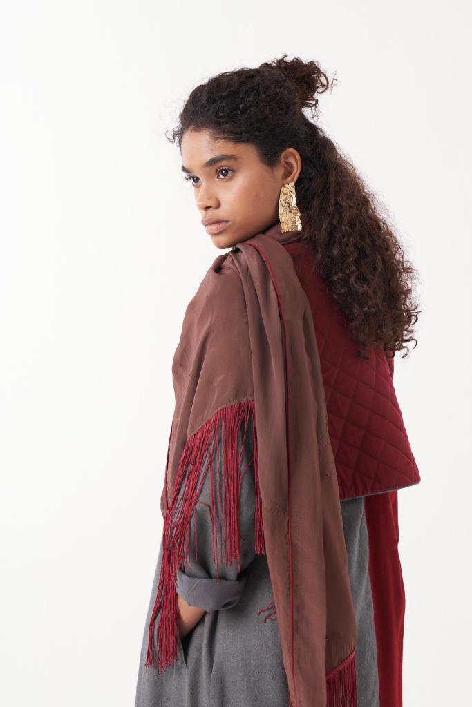 TWO TONE LONG JACKET CO-ORD (SET OF 2)-MADDER & GREY/BROWN mul by THREE in multi color for women in Singapore