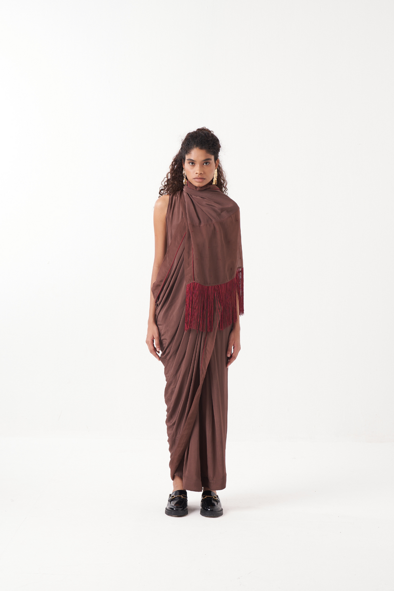 FRINGE SAREE-BROWN by THREE for women in Singapore