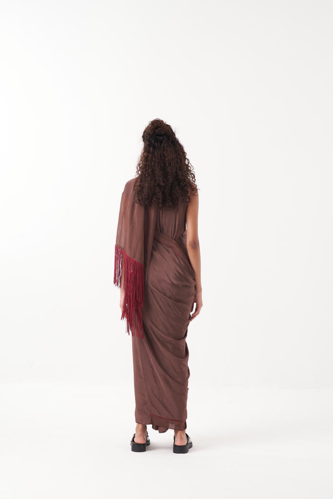 FRINGE SAREE-BROWN by THREE for women in Singapore