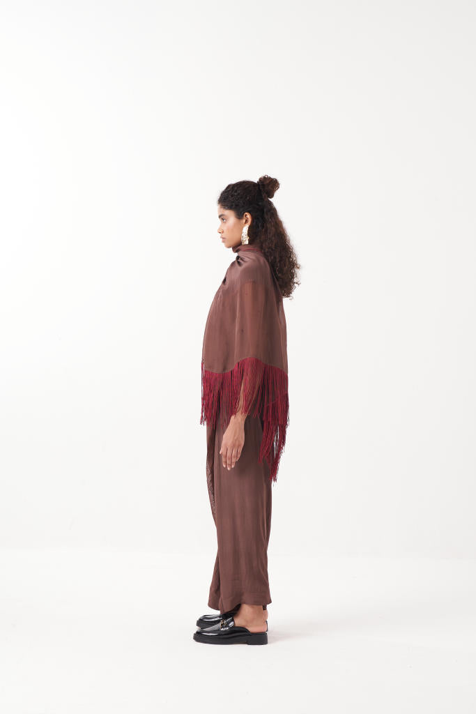 FRINGE SAREE-BROWN by THREE for women in Singapore
