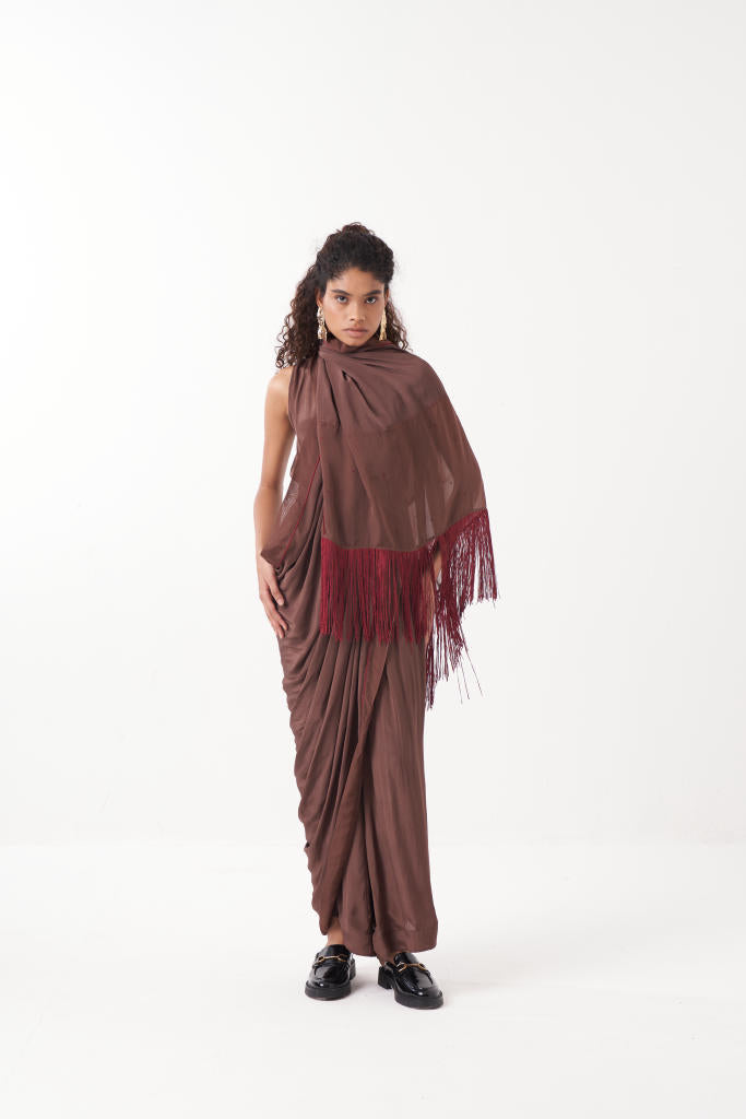 FRINGE SAREE-BROWN by THREE for women in Singapore