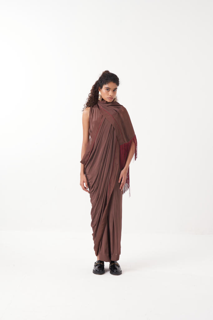 FRINGE SAREE-BROWN by THREE for women in Singapore