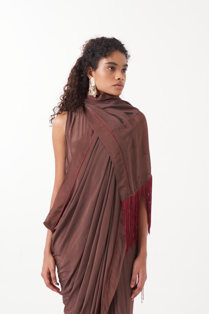 FRINGE SAREE-BROWN by THREE for women in Singapore