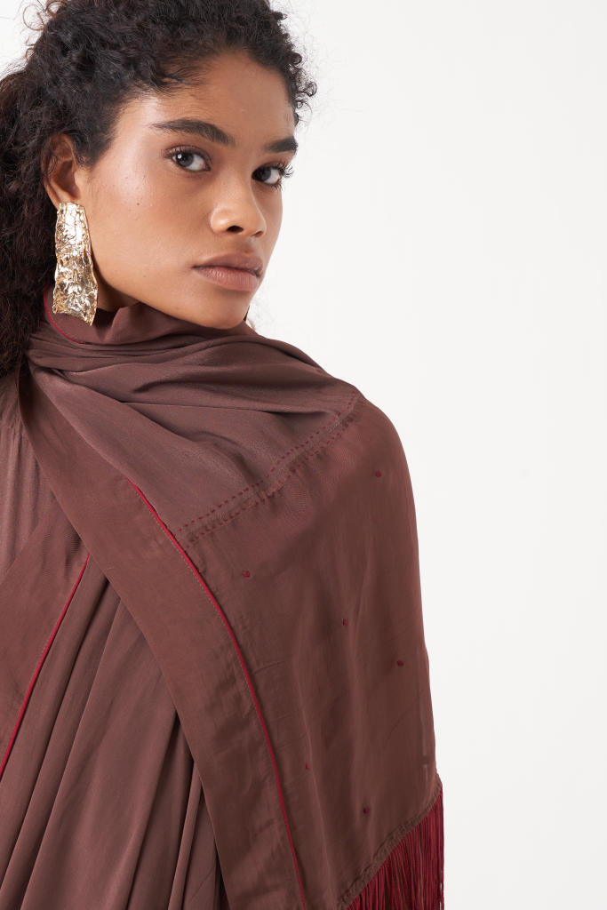 FRINGE SAREE-BROWN by THREE for women in Singapore