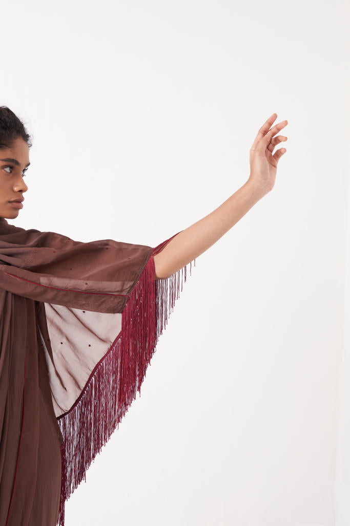 FRINGE SAREE-BROWN by THREE for women in Singapore