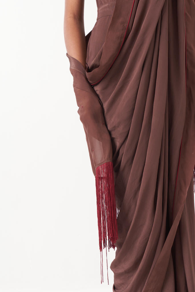 FRINGE SAREE-BROWN by THREE for women in Singapore