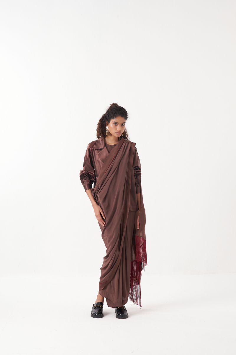 JUMPSUIT SAREE-RUST BROWN by THREE in brown color for women in Singapore