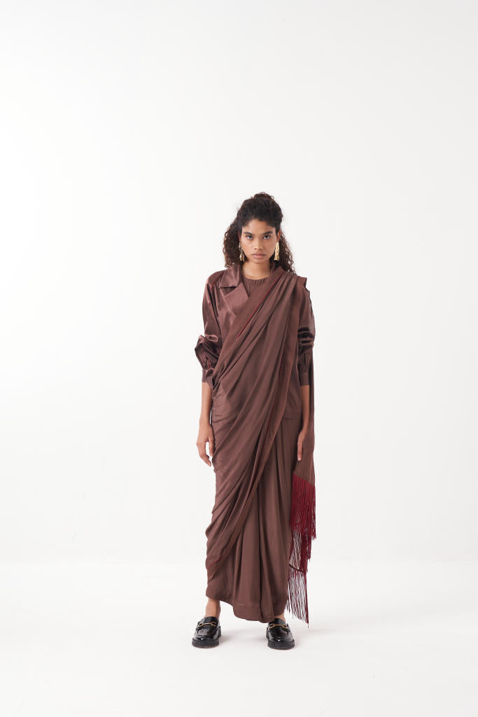 JUMPSUIT SAREE-RUST BROWN by THREE in brown color for women in Singapore