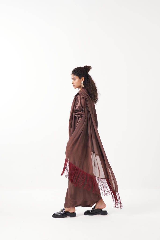 GATHERED SLEEVE JACKET CO-ORD (SET OF 2)-RUST : RUST BROWN & MADDER satin by THREE in brown color for women in Singapore