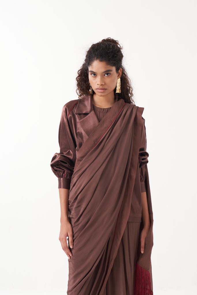 JUMPSUIT SAREE-RUST BROWN by THREE in brown color for women in Singapore