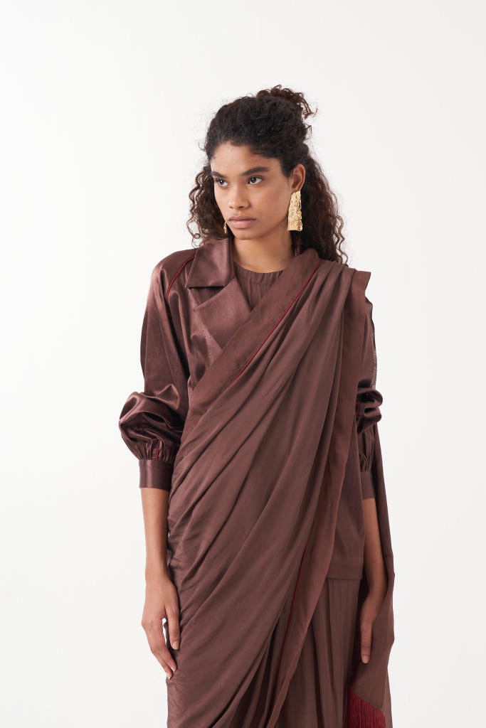 GATHERED SLEEVE JACKET CO-ORD (SET OF 2)-RUST : RUST BROWN & MADDER satin by THREE in brown color for women in Singapore