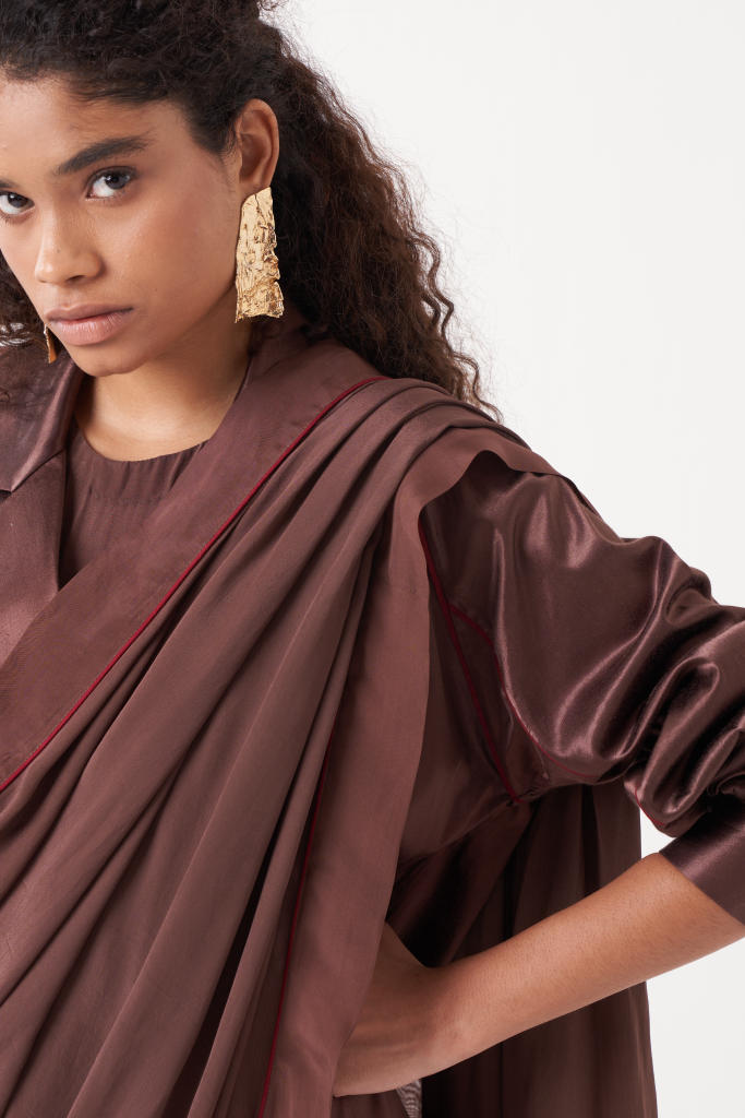 JUMPSUIT SAREE-RUST BROWN by THREE in brown color for women in Singapore