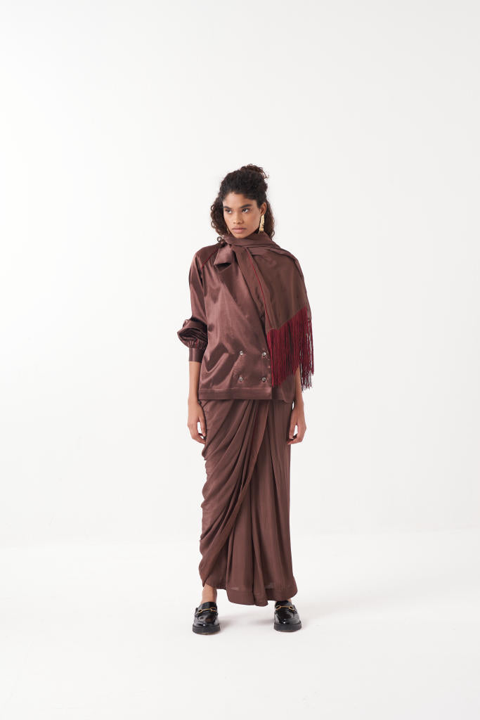 JUMPSUIT SAREE-RUST BROWN by THREE in brown color for women in Singapore