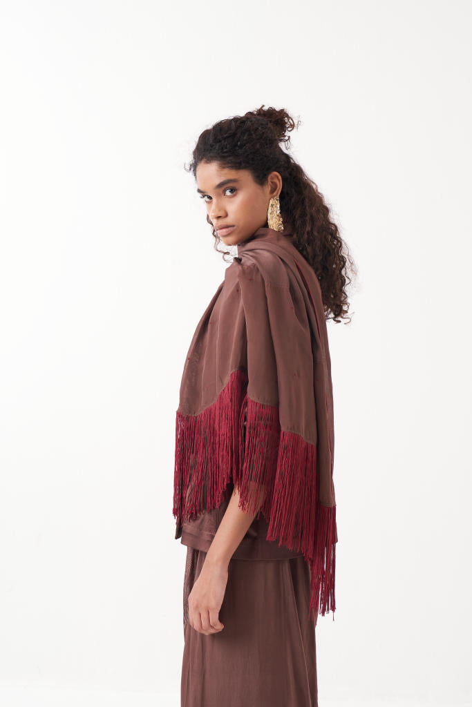 JUMPSUIT SAREE-RUST BROWN by THREE in brown color for women in Singapore