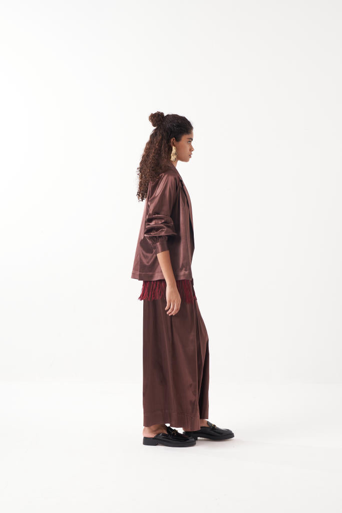 INVERTED BOX PLEAT BOTTOM-RUST BROWN satin by THREE in brown color for women in Singapore