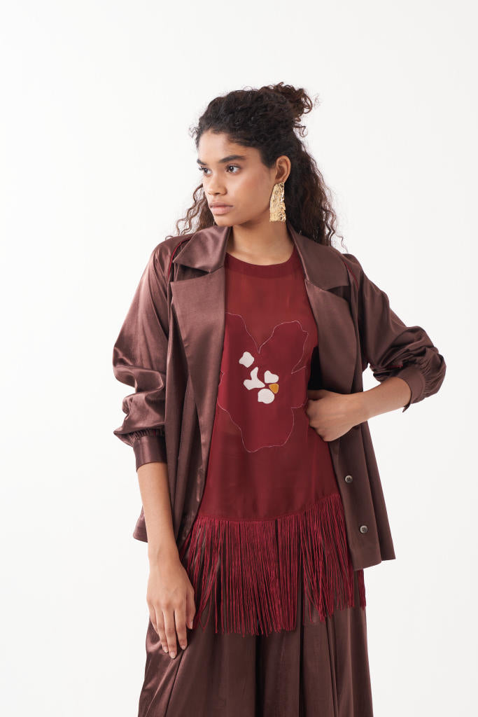 INVERTED BOX PLEAT BOTTOM-RUST BROWN satin by THREE in brown color for women in Singapore