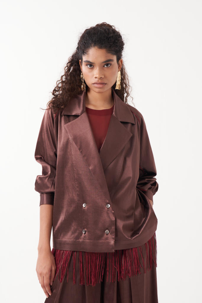 INVERTED BOX PLEAT BOTTOM-RUST BROWN satin by THREE in brown color for women in Singapore