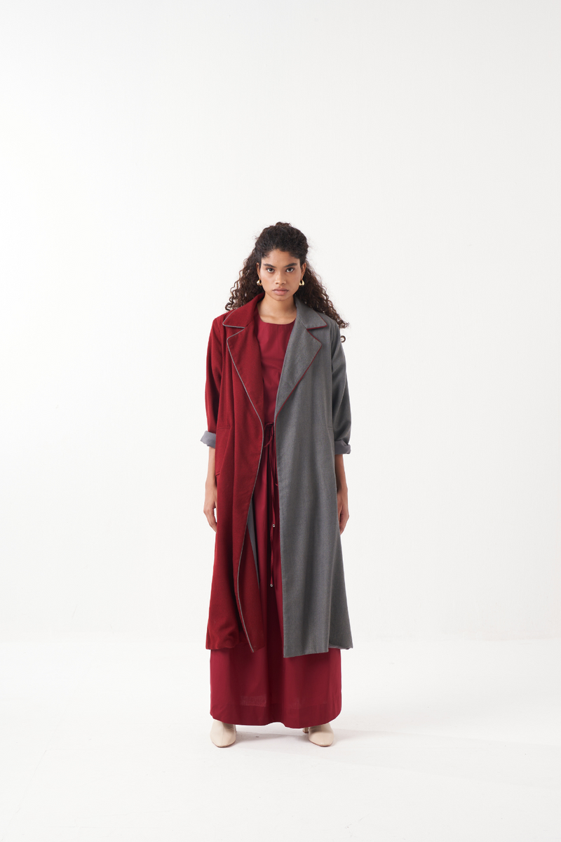 TWO TONE LONG JACKET CO-ORD (SET OF 3)-MADDER & GREY by THREE for women in Singapore
