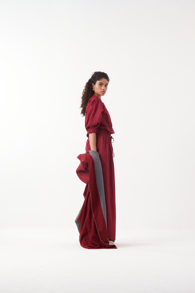 TWO TONE LONG JACKET CO-ORD (SET OF 3)-MADDER & GREY by THREE for women in Singapore