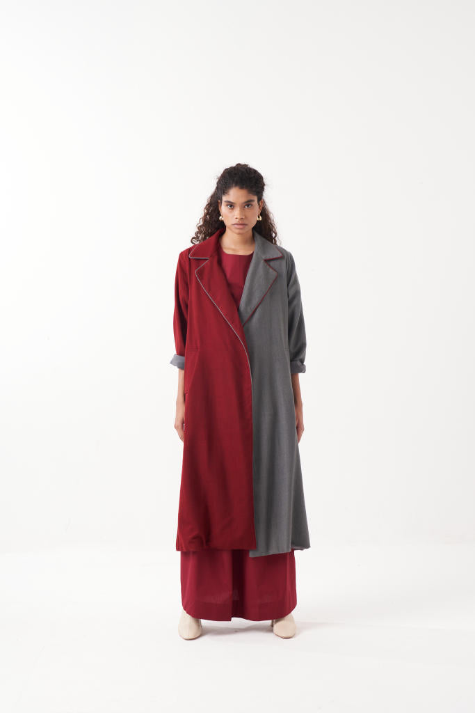 TWO TONE LONG JACKET CO-ORD (SET OF 3)-MADDER & GREY by THREE for women in Singapore
