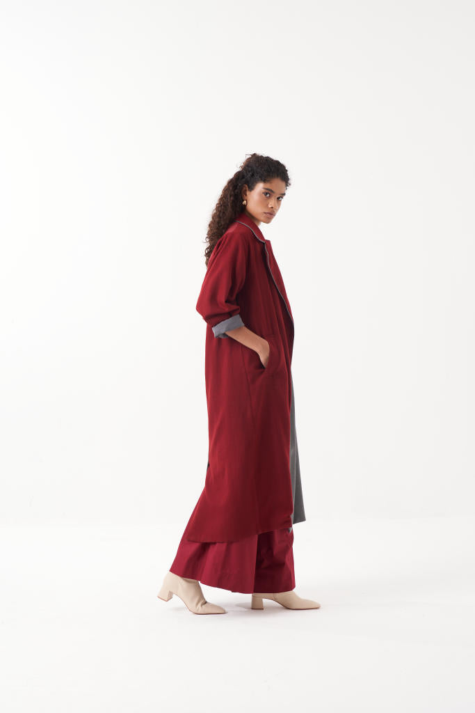 TWO TONE LONG JACKET CO-ORD (SET OF 3)-MADDER & GREY by THREE for women in Singapore