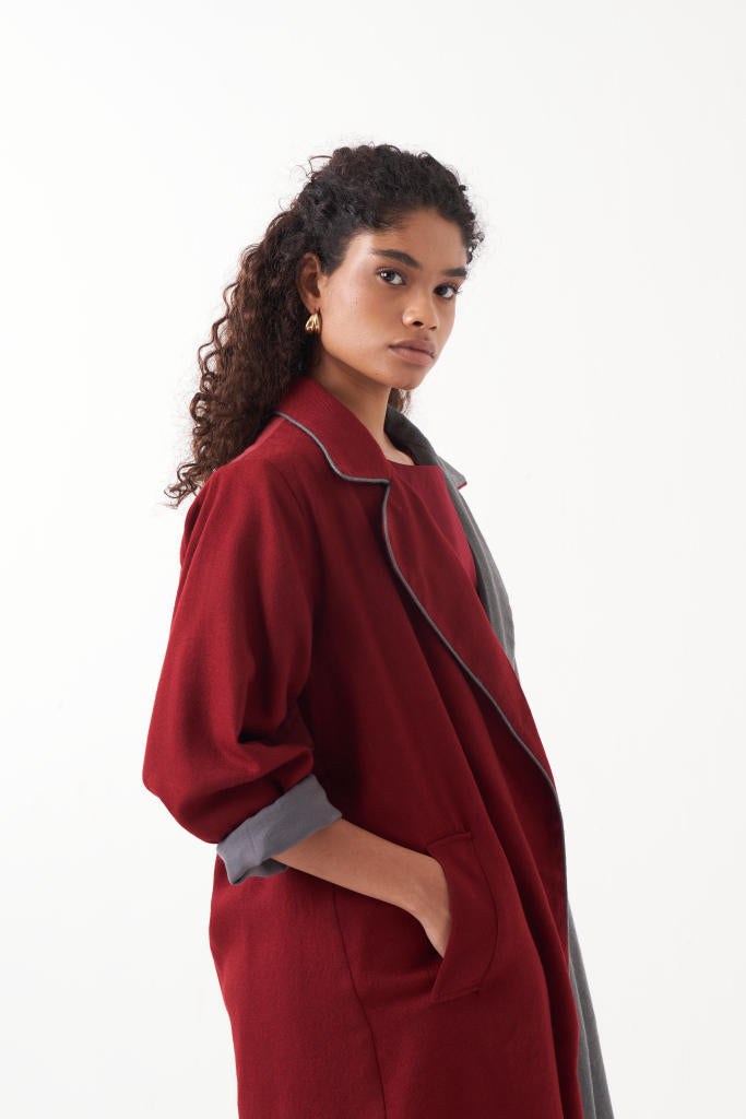 TWO TONE LONG JACKET CO-ORD (SET OF 3)-MADDER & GREY by THREE for women in Singapore
