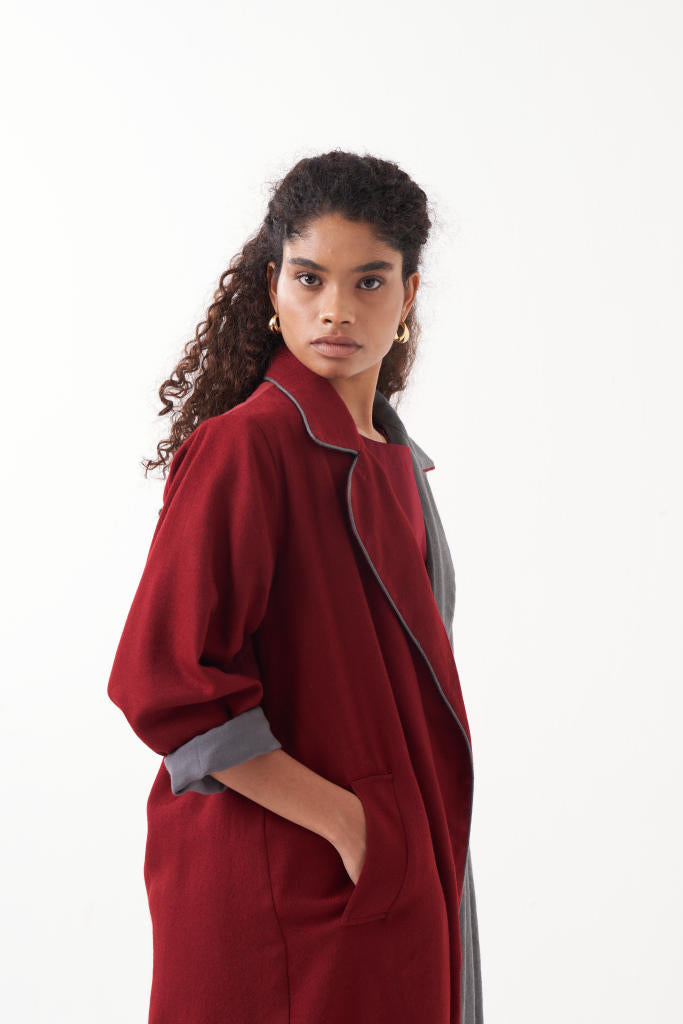 TWO TONE LONG JACKET CO-ORD (SET OF 3)-MADDER & GREY by THREE for women in Singapore