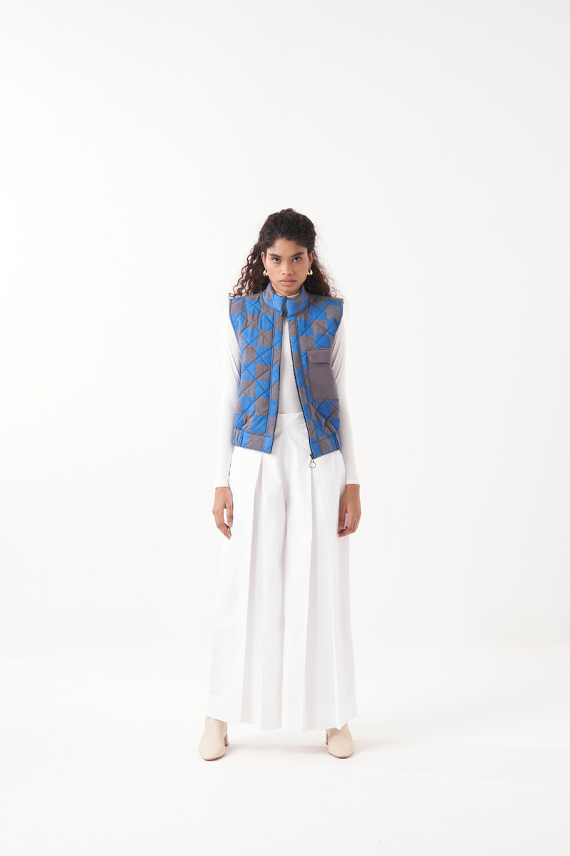 QUILTED SHORT JACKET-ELECTRIC BLUE CHECK by THREE in blue color for women in Singapore