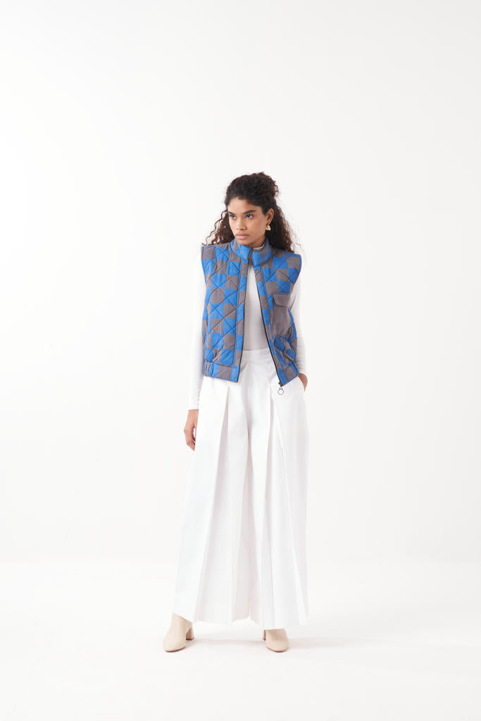QUILTED SHORT JACKET CO-ORD (SET OF 2)-ELECTRIC BLUE CHECK & WHITE by THREE in blue color for women in Singapore