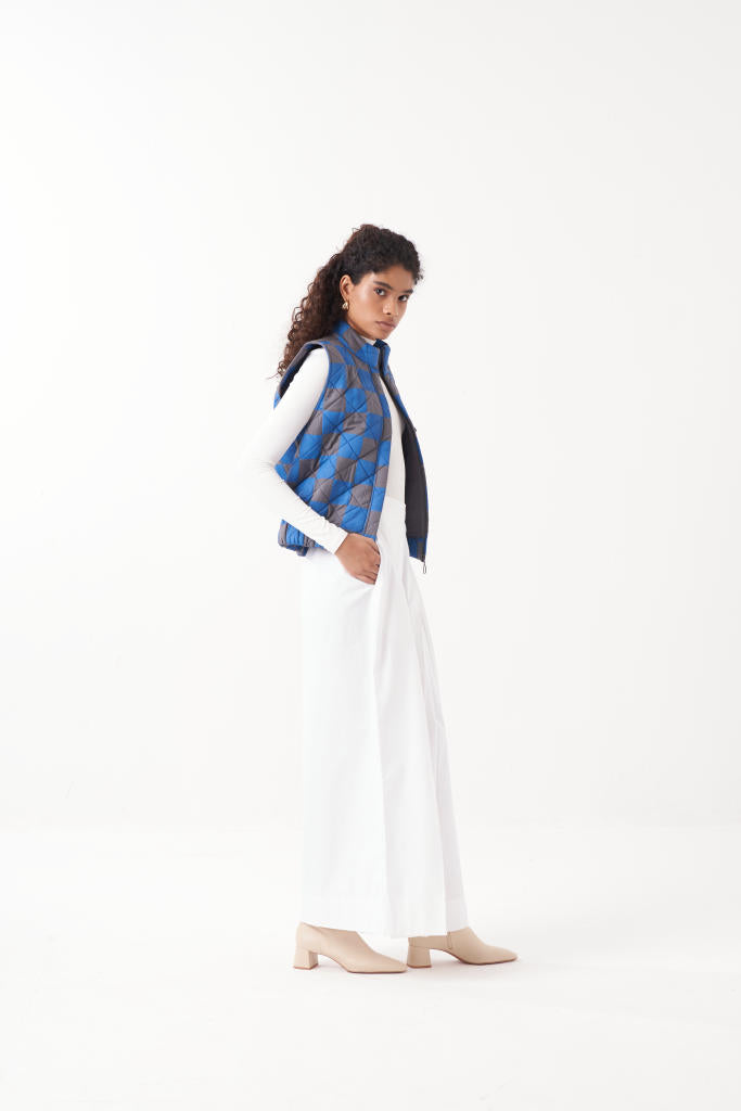 QUILTED SHORT JACKET CO-ORD (SET OF 2)-ELECTRIC BLUE CHECK & WHITE by THREE in blue color for women in Singapore