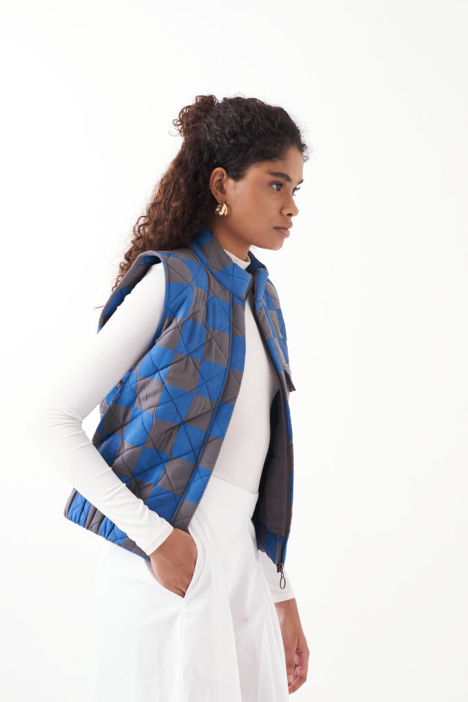 QUILTED SHORT JACKET CO-ORD (SET OF 2)-ELECTRIC BLUE CHECK & WHITE by THREE in blue color for women in Singapore