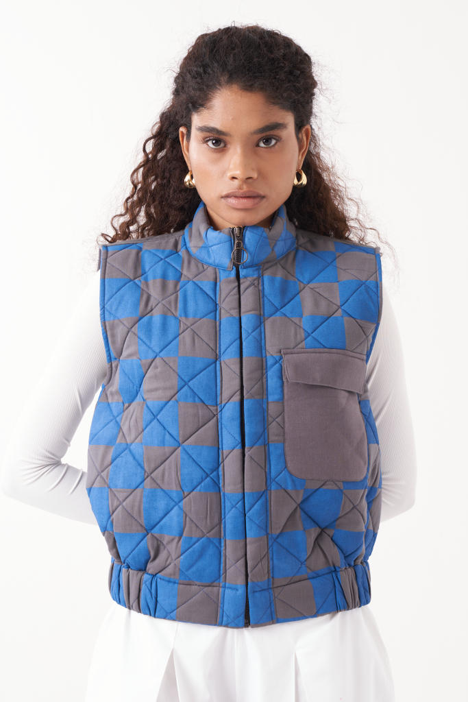 QUILTED SHORT JACKET CO-ORD (SET OF 2)-ELECTRIC BLUE CHECK & WHITE by THREE in blue color for women in Singapore
