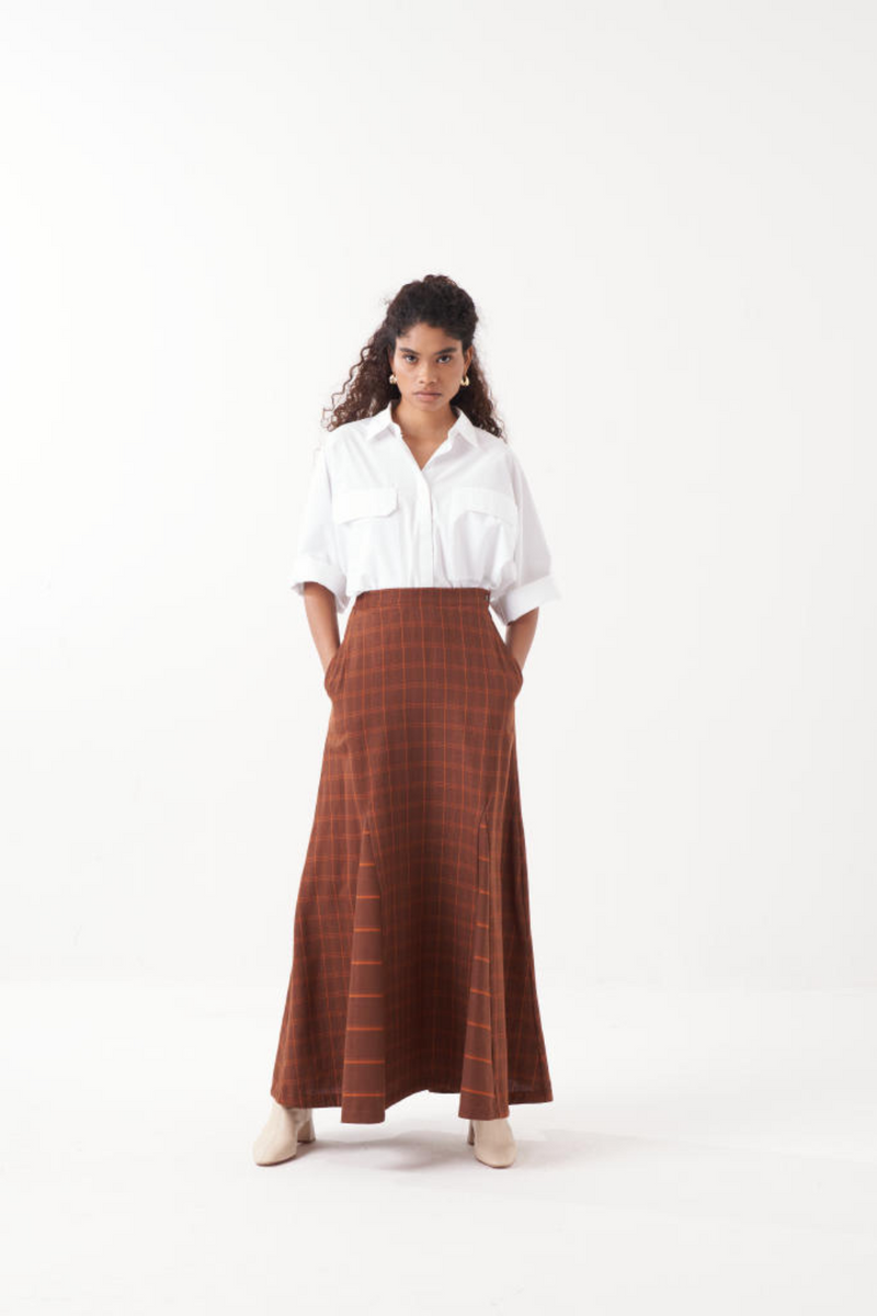 ANTI FIT SHIRT CO-ORD (SET OF 2)-CHOCOLATE BROWN & WHITE by THREE in brown color for women in Singapore