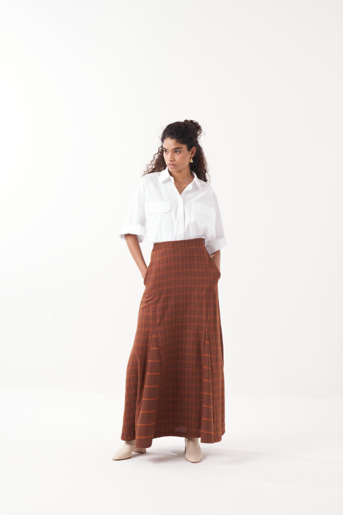 ANTI FIT SHIRT CO-ORD (SET OF 2)-CHOCOLATE BROWN & WHITE by THREE in brown color for women in Singapore