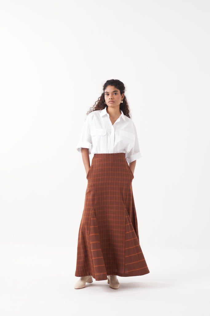 ANTI FIT SHIRT CO-ORD (SET OF 2)-CHOCOLATE BROWN & WHITE by THREE in brown color for women in Singapore