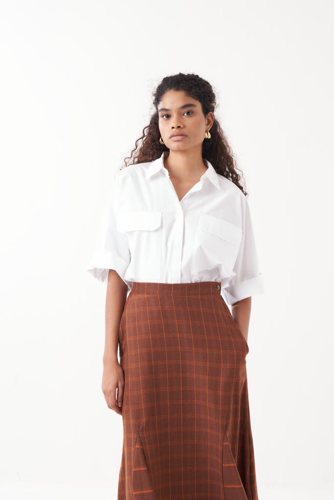 ANTI FIT SHIRT CO-ORD (SET OF 2)-CHOCOLATE BROWN & WHITE by THREE in brown color for women in Singapore