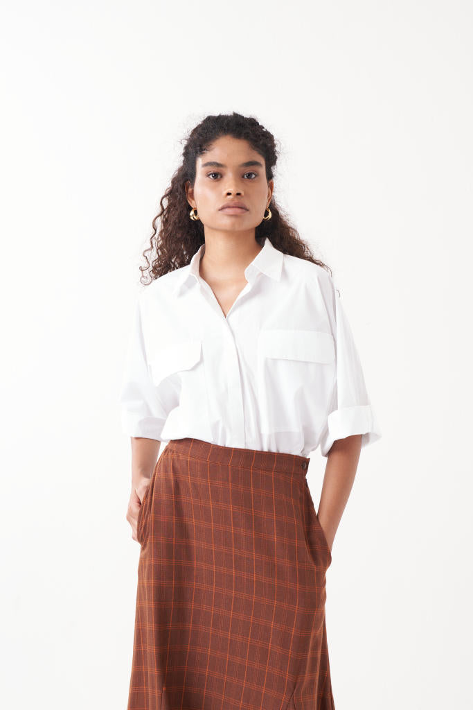 ANTI FIT SHIRT CO-ORD (SET OF 2)-CHOCOLATE BROWN & WHITE by THREE in brown color for women in Singapore