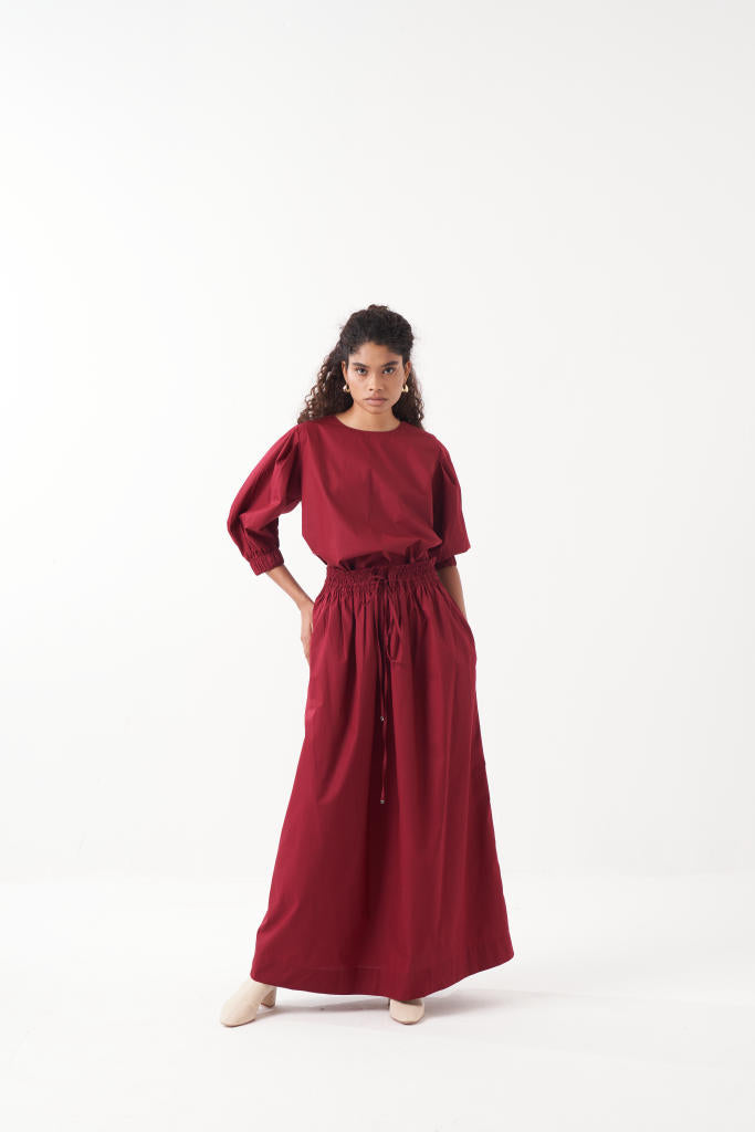ELASTICATED DRAWSTRING SKIRT-MADDER poplin by THREE for women in Singapore