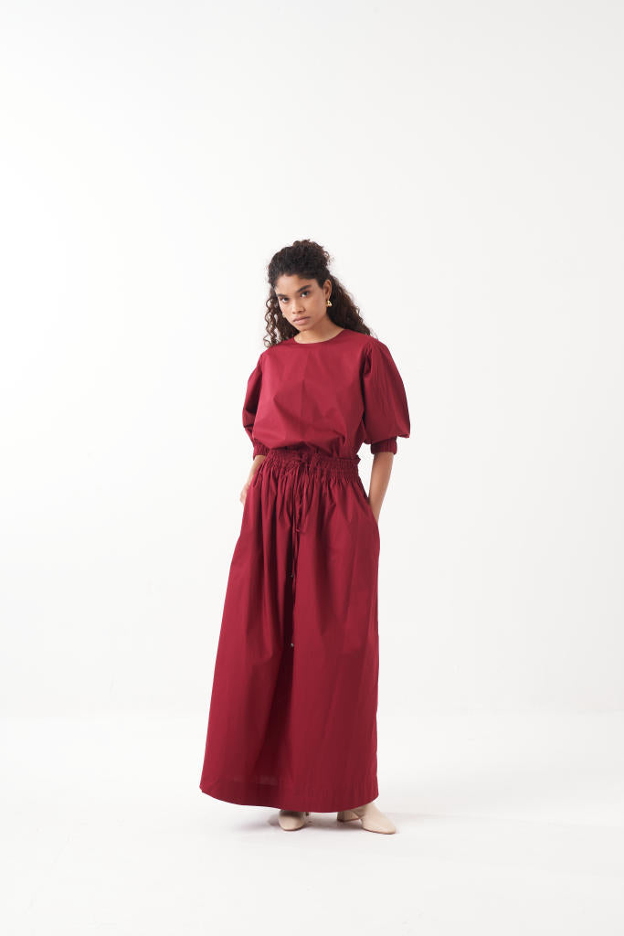 ELASTICATED DRAWSTRING SKIRT-MADDER poplin by THREE for women in Singapore
