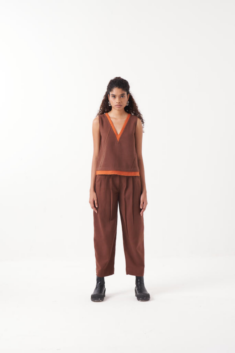 V NECK TOP-CHOCOLATE BROWN by THREE in brown color for women in Singapore