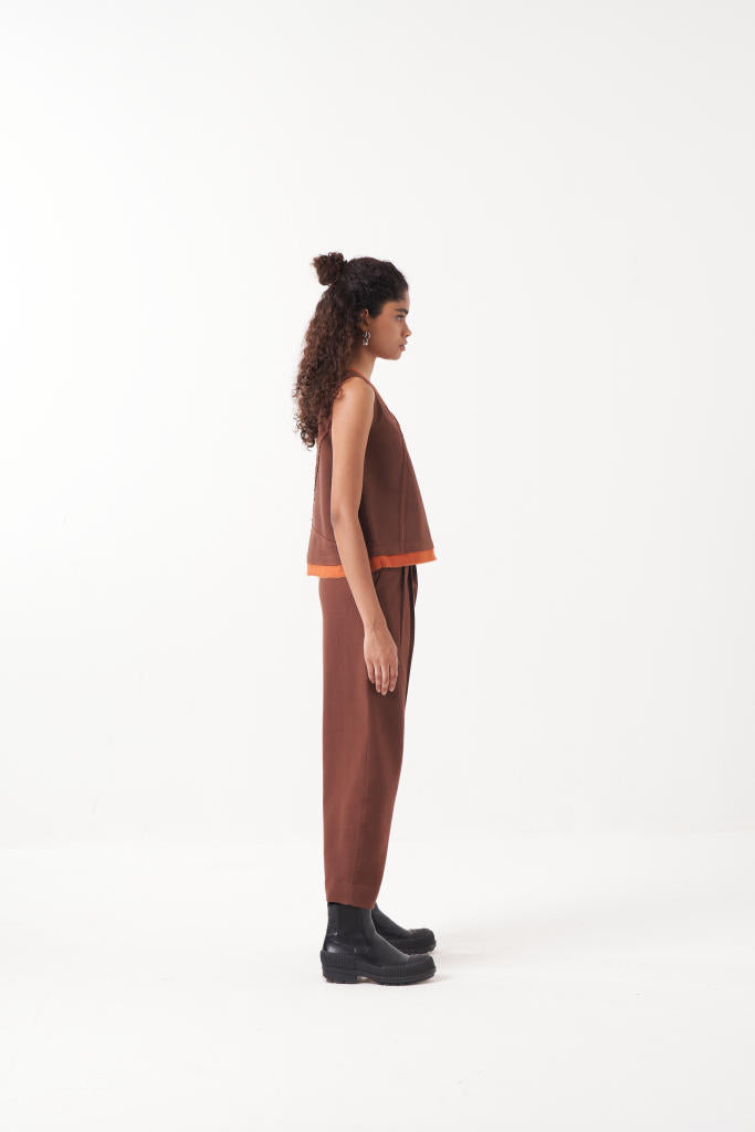 V NECK TOP-CHOCOLATE BROWN by THREE in brown color for women in Singapore